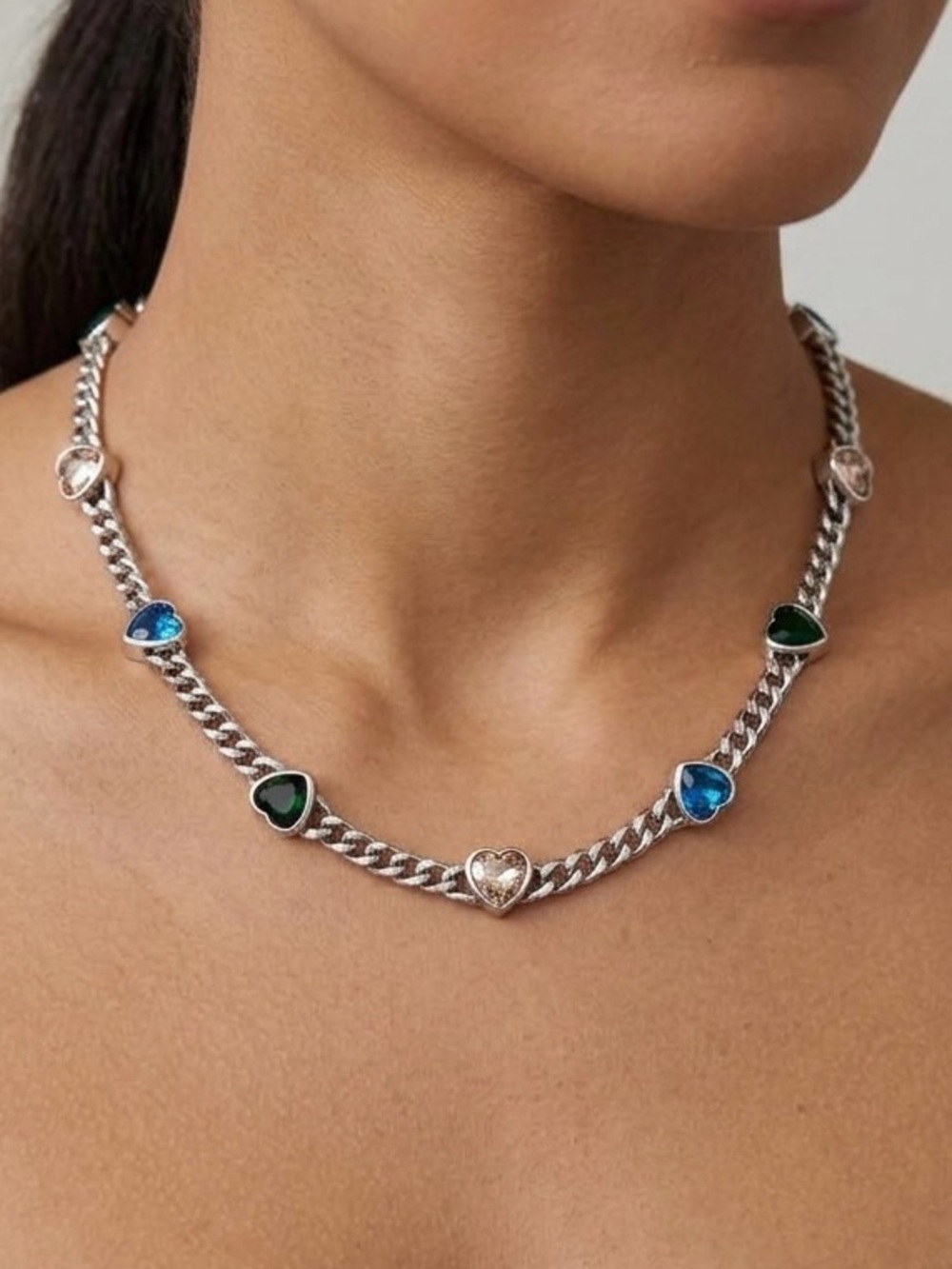 Silver Heart Link Necklace with Multicolor Gem Accents